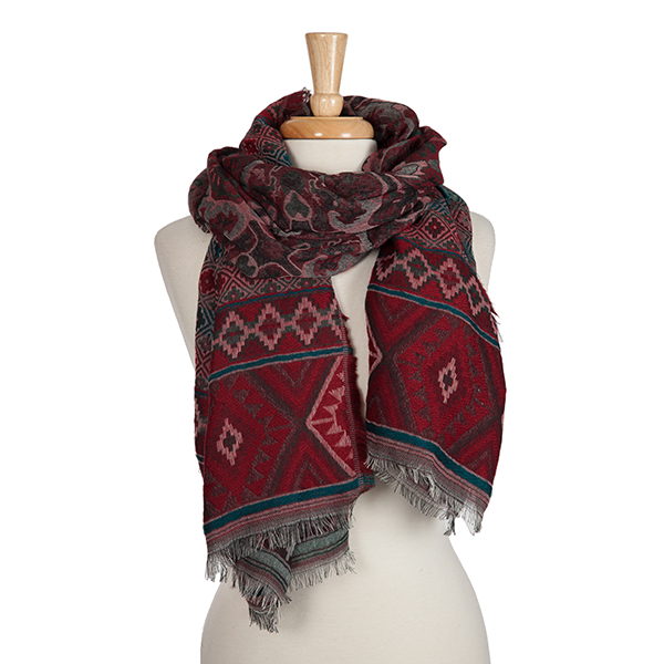 Burgundy, teal and white Aztec printed open scarf. 100% acrylic. 