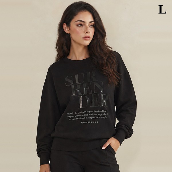 Faith Graphic Sweatshirt with a bold tonal SURRENDER print and scripture from Proverbs 3 that reads trust in the Lord with all your heart. This relaxed crewneck has dropped shoulders and ribbed cuffs and hem for a soft, cozy everyday fit. A meaningful choice for church, Bible study, retreats, and gifting. Faith apparel is a steady seller for boutiques, and this minimalist design comes in regular and plus sizes.