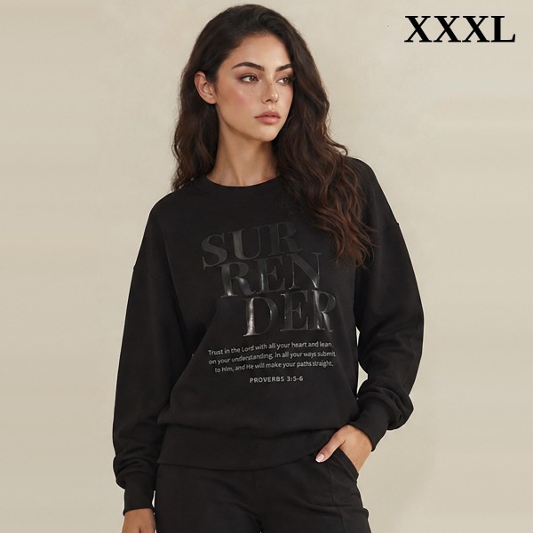 Faith Graphic Sweatshirt with a bold tonal SURRENDER print and scripture from Proverbs 3 that reads trust in the Lord with all your heart. This relaxed crewneck has dropped shoulders and ribbed cuffs and hem for a soft, cozy everyday fit. A meaningful choice for church, Bible study, retreats, and gifting. Faith apparel is a steady seller for boutiques, and this minimalist design comes in regular and plus sizes.
