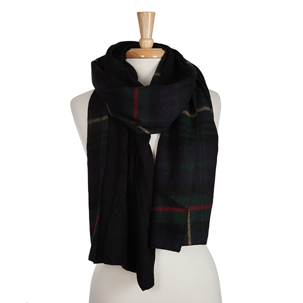 Hunter green plaid and black cable knit, heavyweight open scarf. 100% acrylic. 