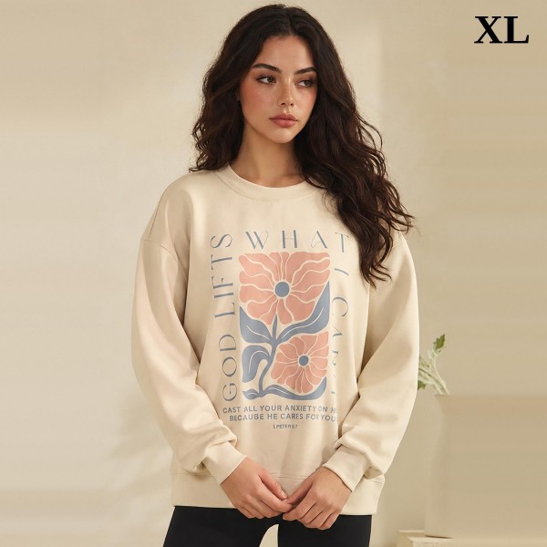Faith Graphic Sweatshirt featuring a retro floral design with the message God Lifts What I Can't and a reminder to cast all your anxiety on Him because He cares for you, from 1 Peter 5:7. This relaxed crewneck has dropped shoulders and ribbed cuffs and hem for a soft, cozy everyday fit. A meaningful pick for church, Bible study, women's groups, and gifting. Christian apparel is a proven seller, and this encouraging design comes in regular and plus sizes.