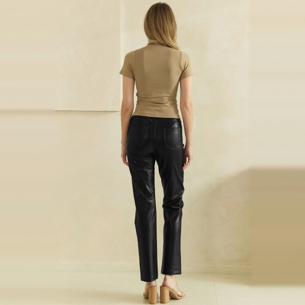 Faux Leather Five Pocket Pants with a classic jean inspired cut, button and zip closure, and a slim straight leg that hits right at the ankle. The soft vegan leather has a subtle sheen and smooth finish that looks polished without feeling stiff. Easy to style with sweaters, blazers, and booties for work, holiday parties, or a night out. Faux leather remains one of the strongest fall and winter categories, and this familiar fit makes it an easy sell for every customer.