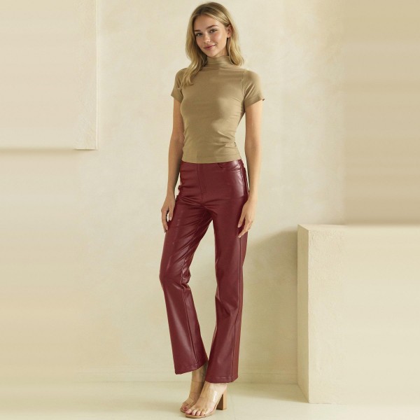 Faux Leather Five Pocket Pants with a classic jean inspired cut, button and zip closure, and a slim straight leg that hits right at the ankle. The soft vegan leather has a subtle sheen and smooth finish that looks polished without feeling stiff. Easy to style with sweaters, blazers, and booties for work, holiday parties, or a night out. Faux leather remains one of the strongest fall and winter categories, and this familiar fit makes it an easy sell for every customer.