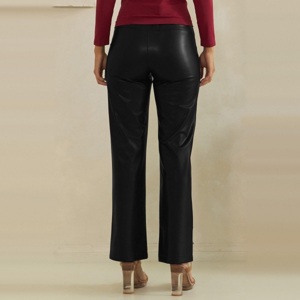 High Waisted Faux Leather Straight Leg Pants with sewn front seam detail that creates a long, lean line from waist to hem. Made from soft vegan leather with a button and zip closure and a relaxed straight leg that flatters every figure. Customers can pair them with a fitted turtleneck and heels for date night or a cozy knit and sneakers for the weekend. A polished fall and winter staple that delivers the luxe look shoppers want at a boutique friendly price.