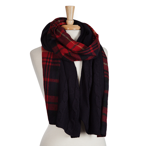 Red plaid and navy blue cable knit, heavyweight open scarf. 100% acrylic. 