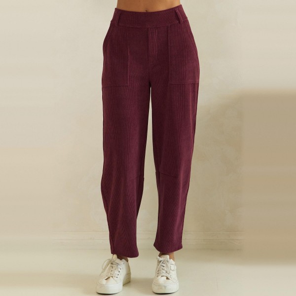 Ribbed Straight Leg Pants in a soft corduroy style knit with a smooth elastic waistband and functional front patch pockets. The relaxed straight leg hits at the ankle for a polished yet comfortable fit that works from the office to weekend errands. Pair them with cardigans, tucked tees, or chunky sweaters for easy fall and winter outfits your customers will wear on repeat. A comfortable pull on style at a friendly price point, these textured pants sell through fast all season.