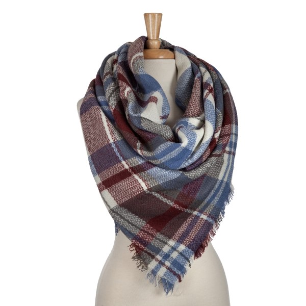 Burgundy, gray and blue plaid blanket scarf. 100% acrylic. 