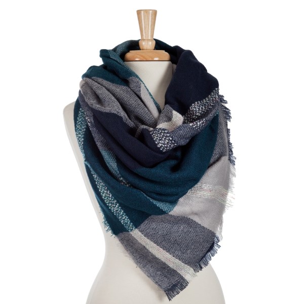 Navy, gray and teal plaid blanket scarf. 100% acrylic. 