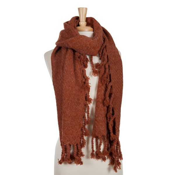 Rust orange open scarf with tassels. 100% acrylic. 