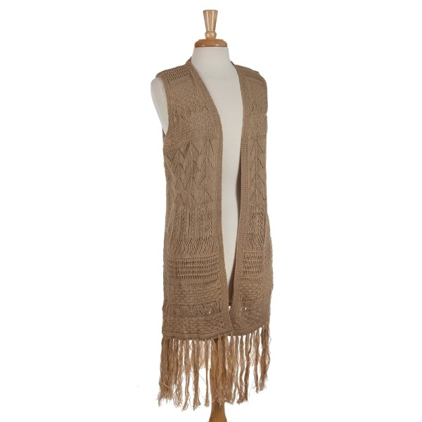 Beige knit vest with fringe. 100% acrylic. One size fits most. 