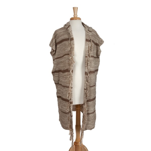 Beige stripped, hooded vest with fringe. 100% acrylic. One size fits most. 