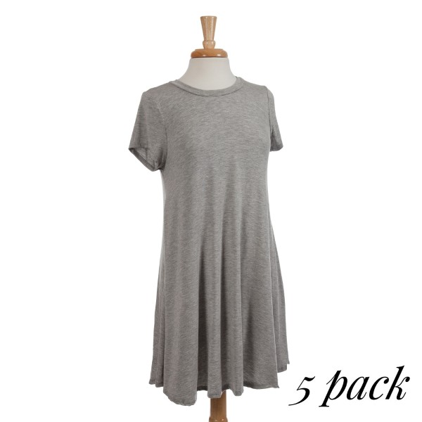 Short sleeve gray t-shirt dress with a flowy fit. 95% rayon and 5% spandex. Sold in packs of five - two smalls, two mediums, and one large. | 732754 | Wholesale Fashion Jewelry Short sleeve gray t-shirt dress with a flowy fit. 95% rayon and 5% spandex. Sold in packs of five - two smalls, two mediums, and one large. | 732754 | Wholesale Fashion Jewelry