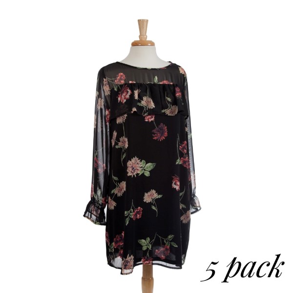 Wholesale sheer black long sleeve dress floral pattern scoop back Fully Lined po