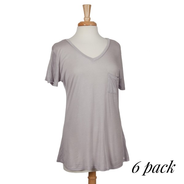 Lightweight gray top with short sleeves, a pocket on the left chest and a V-neckline. 100% rayon. Sold in packs of six - two smalls, two mediums, and two larges. 