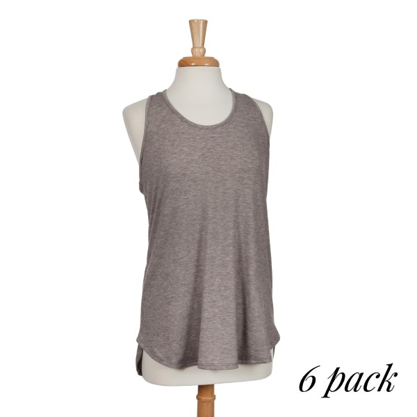 Heather gray racerback tank top. 87% polyester, 10% rayon, and 3% spandex. Sold in packs of six - two smalls, two mediums, and two larges. 