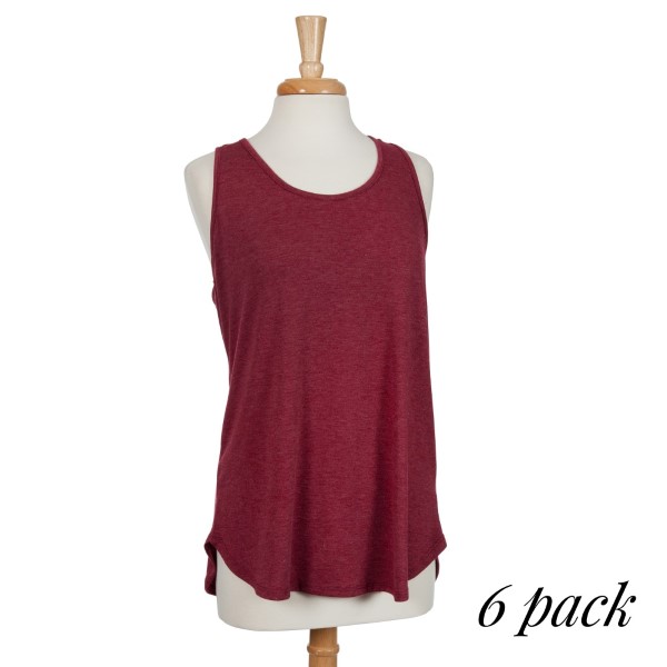 Crimson racerback tank top. 87% polyester, 10% rayon, and 3% spandex. Sold in packs of six - two smalls, two mediums, and two larges. 