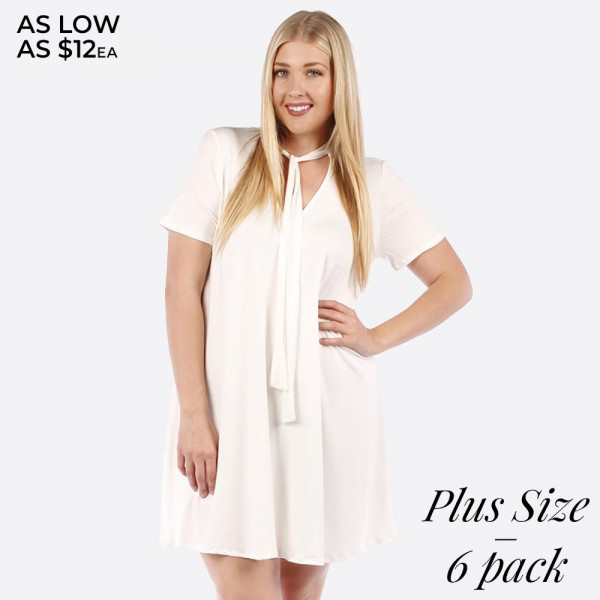 White short sleeve, plus size flowy dress with a tie front. 95% rayon and 5% spandex. Sold in packs of six - two 1X, two 2X, and two two 3X. | 732985 | Wholesale Fashion Jewelry White short sleeve, plus size flowy dress with a tie front. 95% rayon and 5% spandex. Sold in packs of six - two 1X, two 2X, and two two 3X. | 732985 | Wholesale Fashion Jewelry