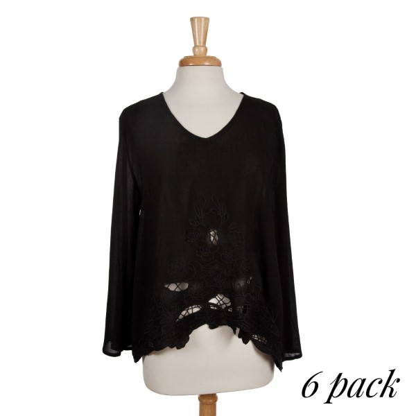 Black long sleeve top with floral embroidery and cut outs. Relaxed fit. 100% rayon. Sold in packs of six - two smalls, two mediums, two larges.