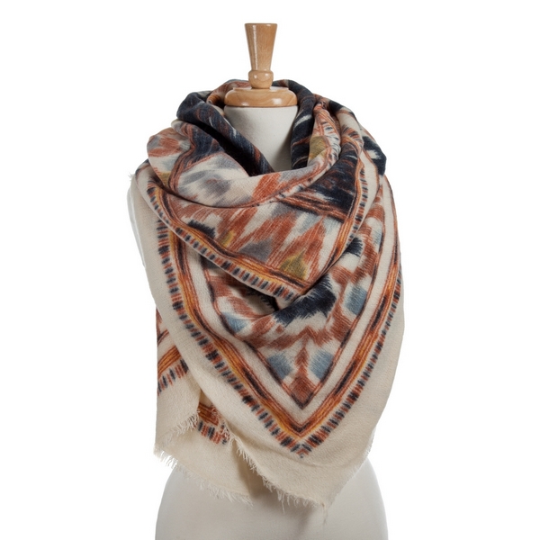 Wholesale ivory heavyweight blanket scarf navy rust mustard yellow print polyest