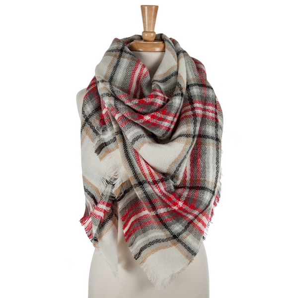 Wholesale red gray white plaid blanket scarf acrylic