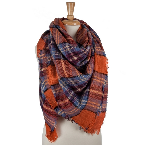 Wholesale blue orange plum plaid blanket scarf acrylic