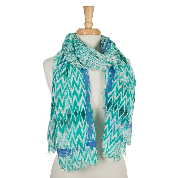 Wholesale teal white open scarf tie dye print royal blue accents cotton