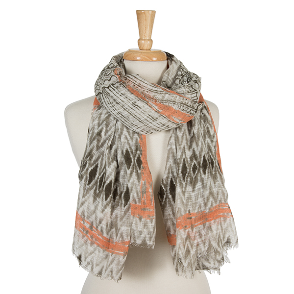 Wholesale taupe white open scarf tie dye print peach accents cotton