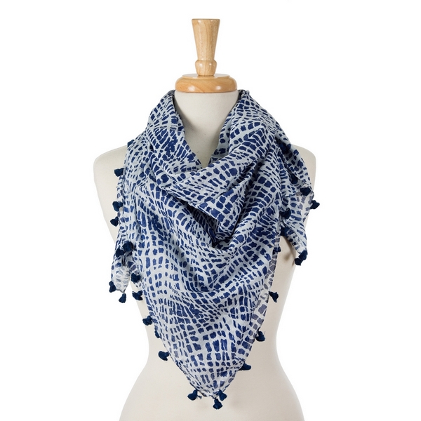 Wholesale navy blue white tie dye print square scarf pom poms along edges cotton