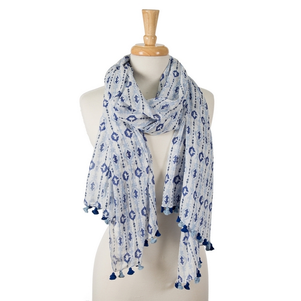 Wholesale navy blue light blue white printed open scarf pom poms ends cotton