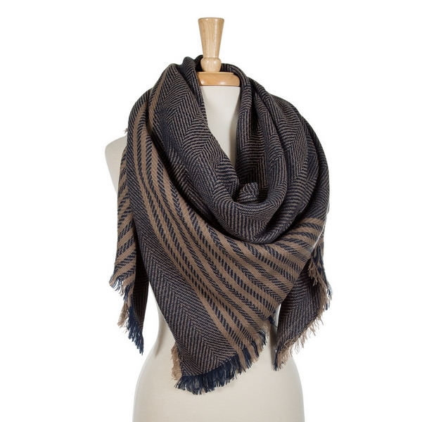 Wholesale navy blue beige striped blanket scarf acrylic