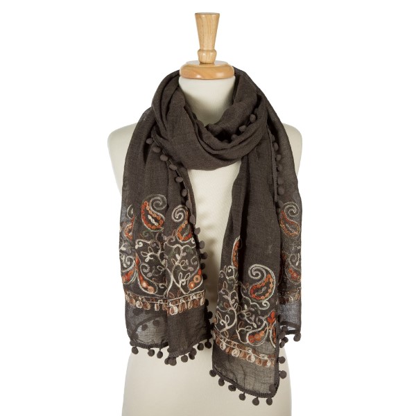 Wholesale charcoal gray lightweight scarf floral embroidery pom poms outer trim