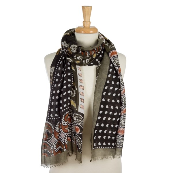 Wholesale olive green lightweight scarf paisley floral print frayed edges viscos