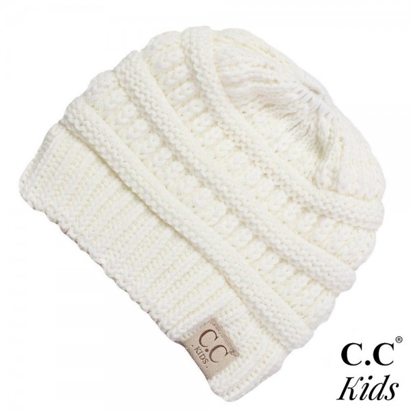 C.C MB-847-KIDS
Solid color messy bun beanie for kids

- 100% Acrylic
- Band circumference is approximately:
16" unstretched
 18" stretched
- Approximately 6" long from crown to band
- Fit varies based on child's head height and shape