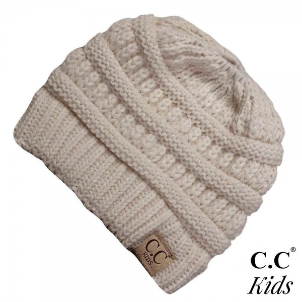 C.C MB-847-KIDS
Solid color messy bun beanie for kids

- 100% Acrylic
- Band circumference is approximately:
16" unstretched
 18" stretched
- Approximately 6" long from crown to band
- Fit varies based on child's head height and shape