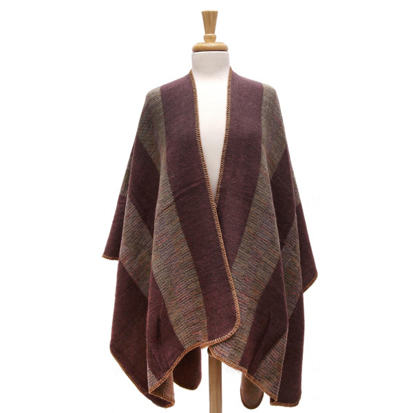 Wholesale heavyweight knit shawl cape colorful striped pattern stitching detail