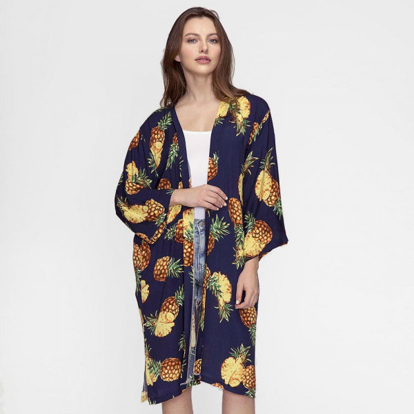 Wholesale lightweight long kimono pineapple print viscose One fits most