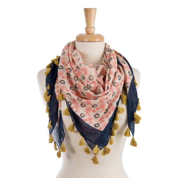 Wholesale navy blue beige pink square scarf green tassels cotton