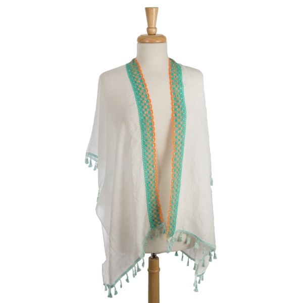 Wholesale lightweight white kimono colorful embroidered tassel accents polyester