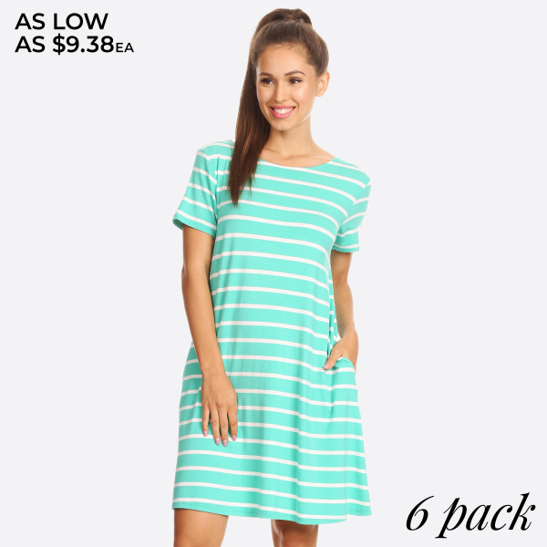 Ladies Short Sleeve Striped Pocket T-Shirt Tunic Dress.

• Scoop Neckline 
• Short Sleeve 
• Side Pockets 
• Closure Style: Pullover 
• Rayon/Spandex 
• Machine wash, lay flat to dry 

- Pack Breakdown: 6pcs/pack 
- Sizes: 2-S / 2-M / 2-L 
- 95% Rayon / 5% Spandex