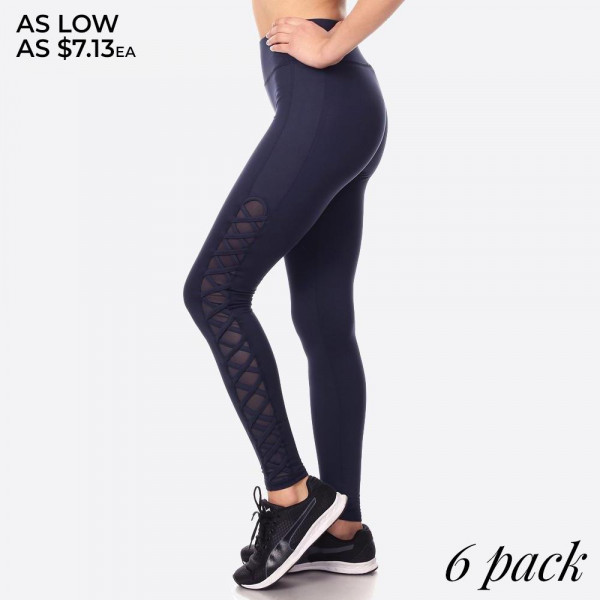 Wholesale women s Activewear Leggings Contrast Mesh Criss Cross Side Panels Soli