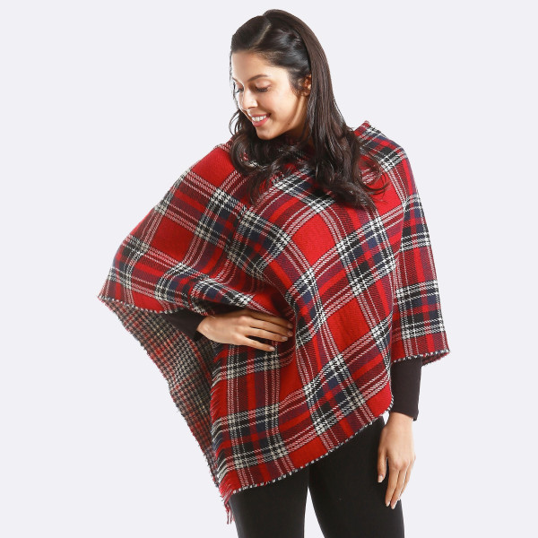 Plaid Print Poncho with Frayed Edges. 

- One size fits most 0-14
- Approximately 36" L
- 100% Acrylic