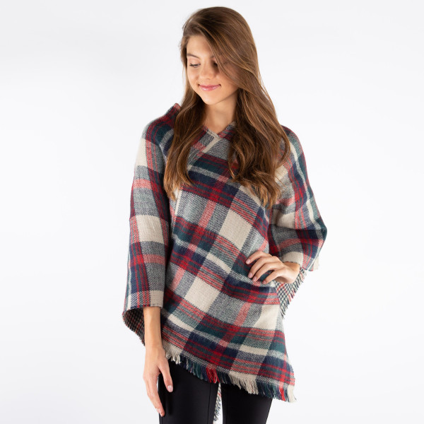 Plaid Print Poncho with Frayed Edges. 

- One size fits most 0-14
- Approximately 36" L
- 100% Acrylic