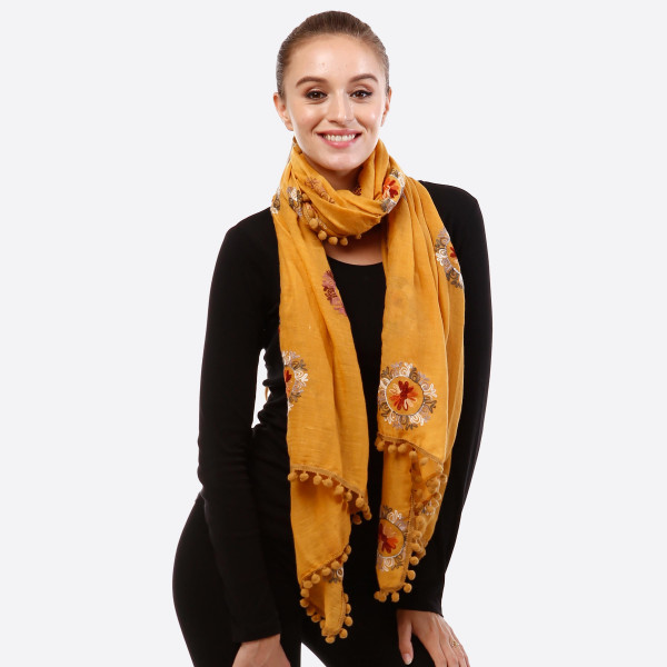 Wholesale lightweight embroidered scarf pom pom detail acrylic