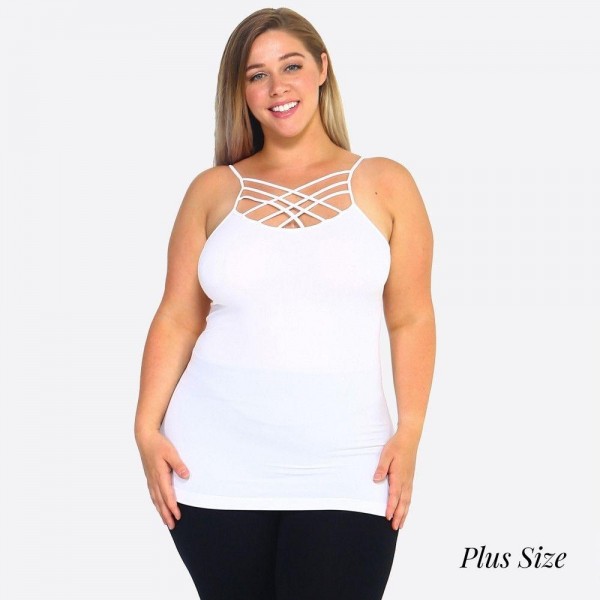 Women's Solid Plus Size Triple Criss Cross Seamless Camisole.

• Scoop-neck
• Unique Crisscross Front
• Spaghetti Straps
• Curve-Hugging
• Body Contouring
• Ultra Soft
• Stretchy Knit
• Machine Wash
• Imported

- One size fits most 16-22
- Approximately 25" L
- 92% Nylon / 8% Spandex