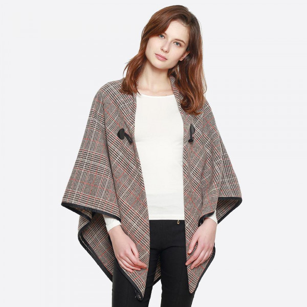 Wholesale glen plaid cape shawl toggle closure polyester