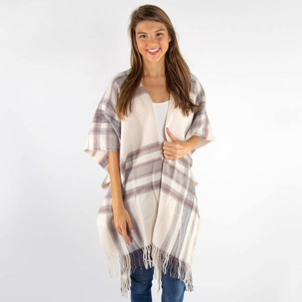 Wholesale plaid ruana wrap fringe acrylic One fits most