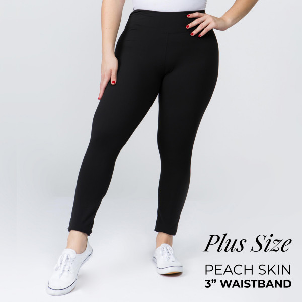 Women s Plus Size New Mix Brand 3 Waistband Solid Peach Skin Leggings. 3 Elastic Waistband Full Length Inseam approximately 28 One size fits most plus 16 20 92 Polyester 8 Spandex 738986 Wholesale Fas...