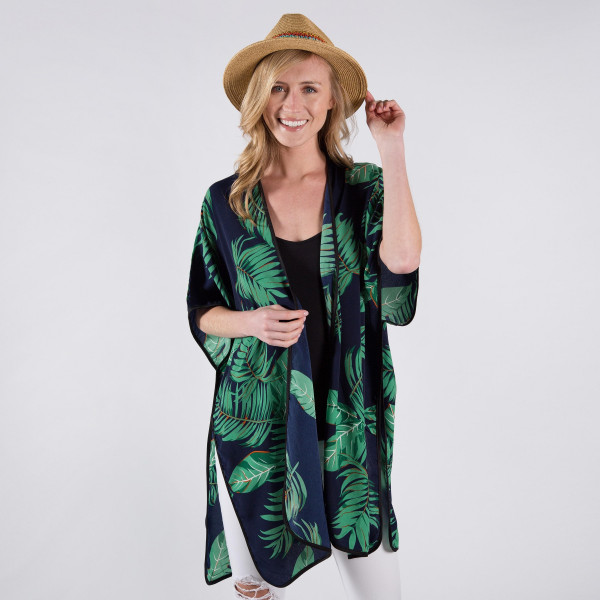 Wholesale navy blue kimono palm tree leaves One fits most polyester