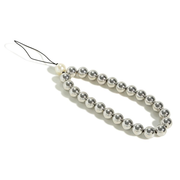 Metal Tone Beaded Cell Phone Strap With Pearl Accent