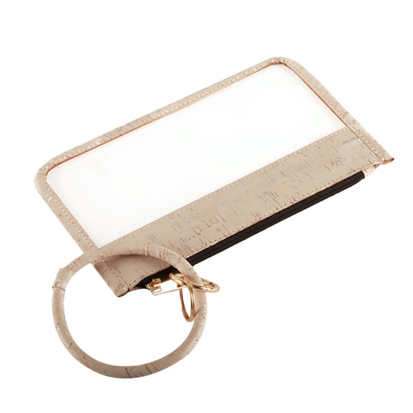 Wholesale cork Trimmed Clear Key Ring Bangle Wristlet Pouch Zipper Closure Detac